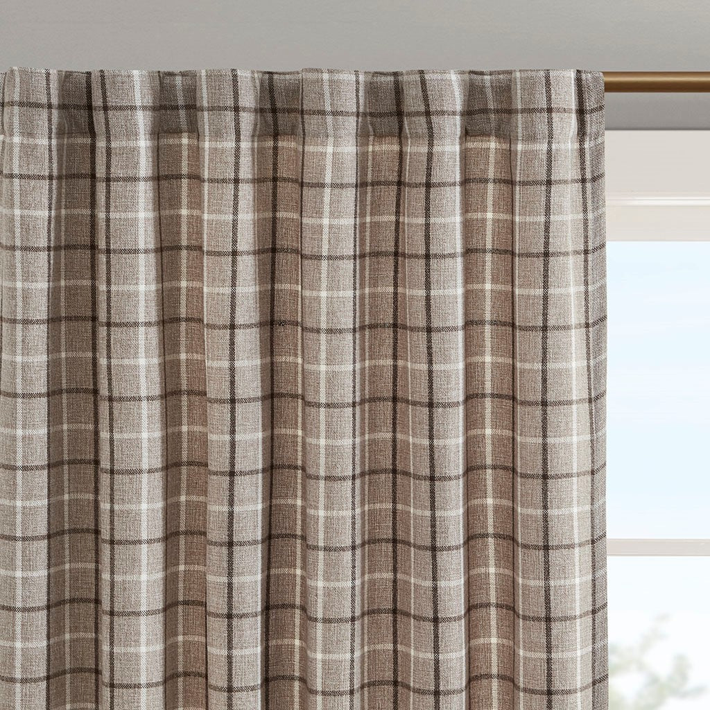 Plaid Rod Pocket and Back Tab Curtain Panel with Fleece Lining Brown 50x84