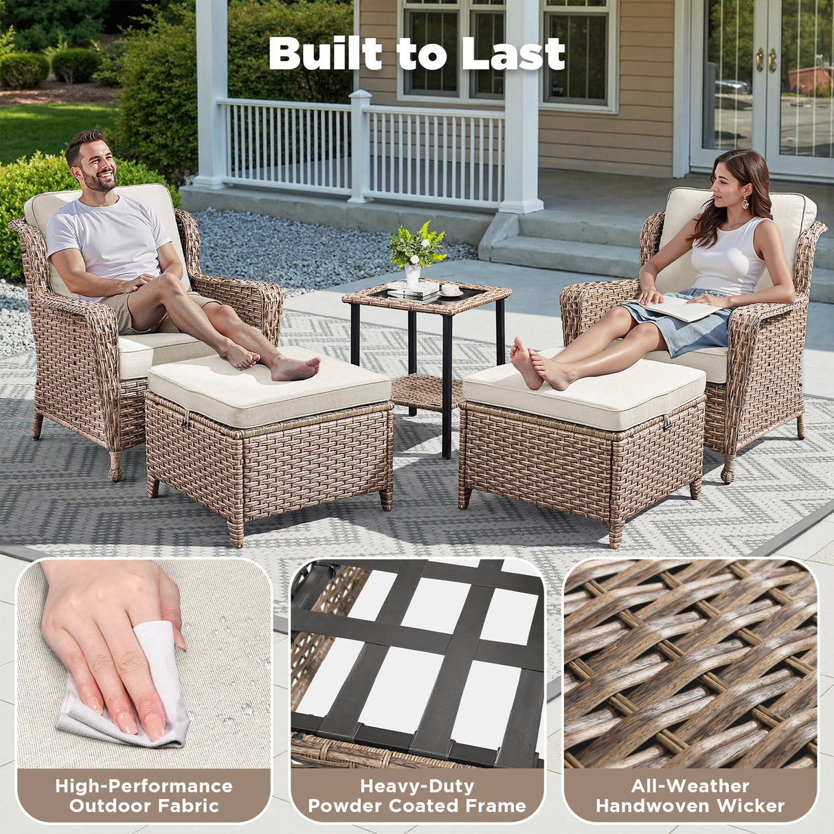 5-Piece Outdoor Lounge Chairs Set with Side Table and Ottomans