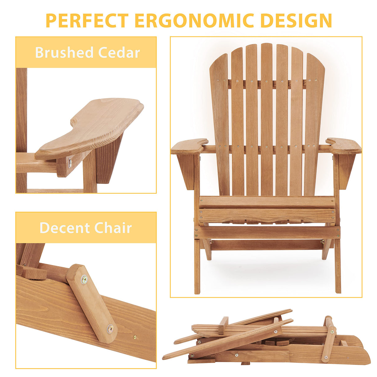 Foldable Hemlock Wood Adirondack Chair -Set of 2 Chairs