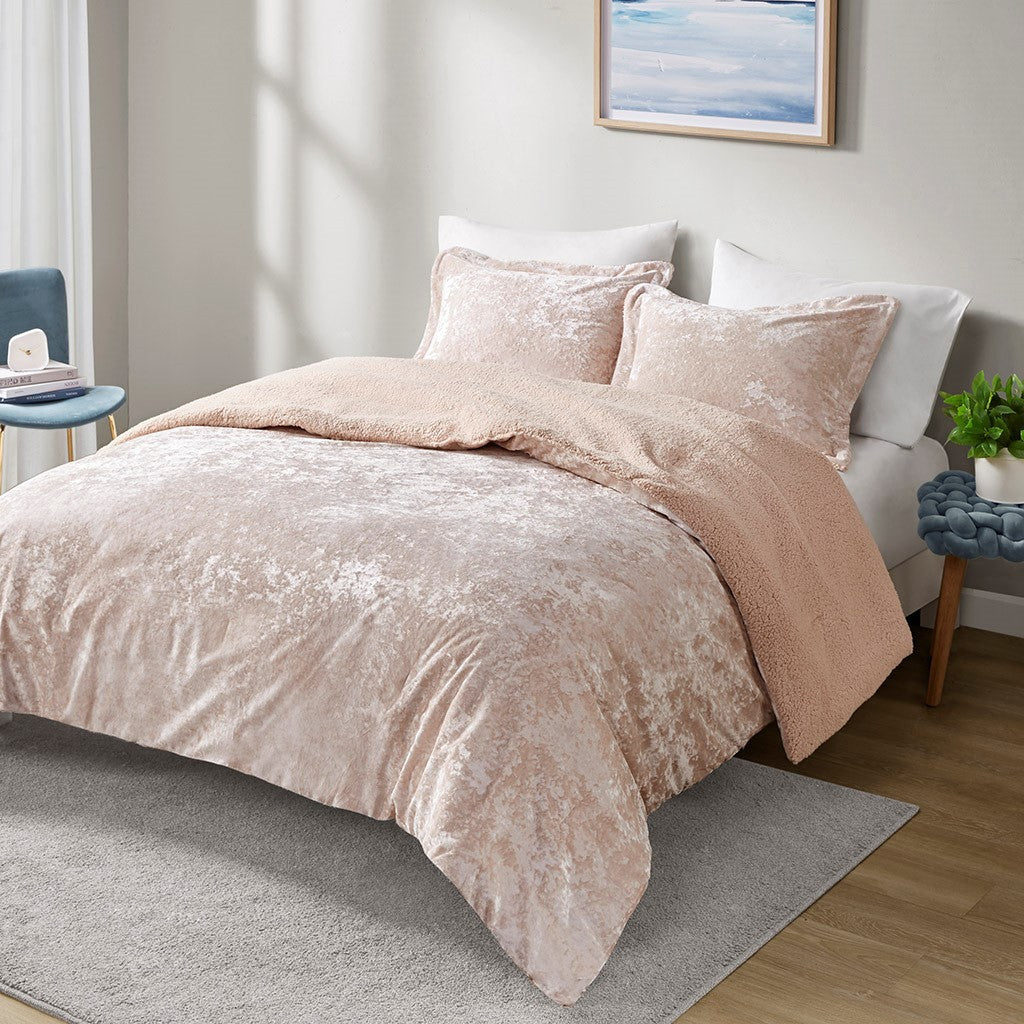 Full/Queen Crushed Velvet Sherpa Reversible Comforter Set
