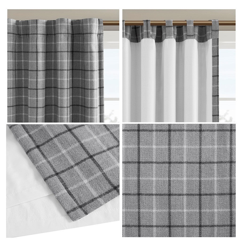 Plaid rod pocket and back tab curtain panel with fleece lining