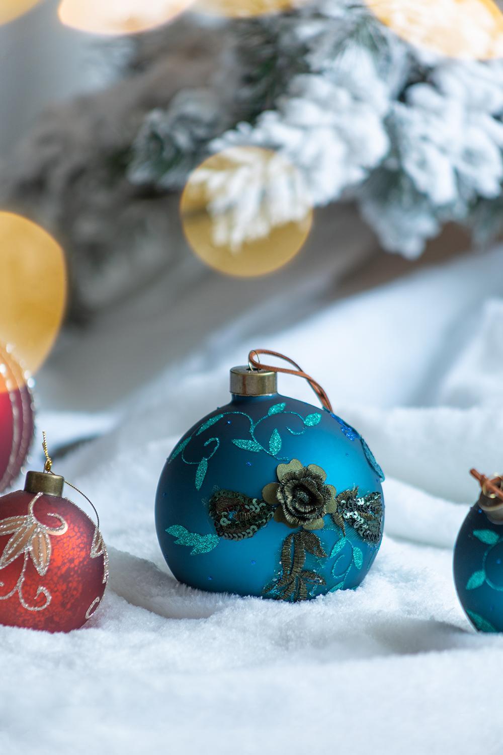 Light Blue Glass Christmas Ball Ornaments with Glitter Details - Set of 4 or 6