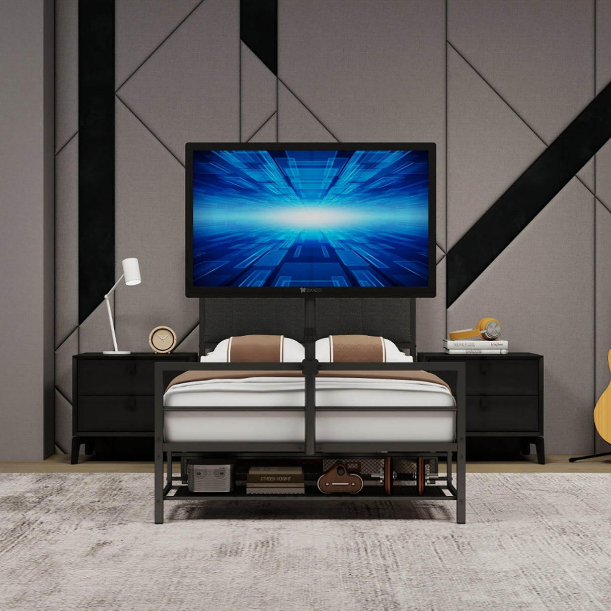 Twin Size Gaming Bed with Rotating TV Mount and LED Lighting
