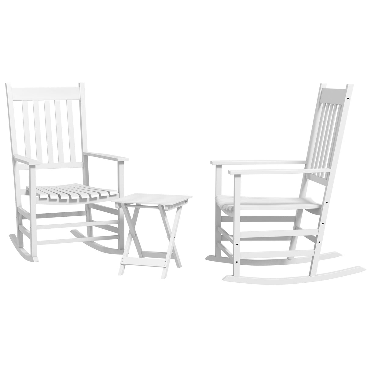 Outsunny outdoor rocking chair set of 2 with side table, patio wooden rocking chair with smooth armrests, high back for garden, balcony, porch, supports up to 352 lbs., white