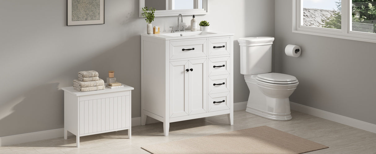 30" White Bathroom Vanity with Ceramic Sink