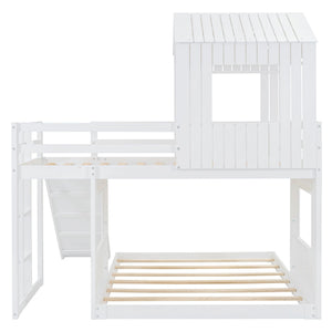 Loft Bunk Bed With Playhouse, Farmhouse, Ladder, Slide And Guardrails