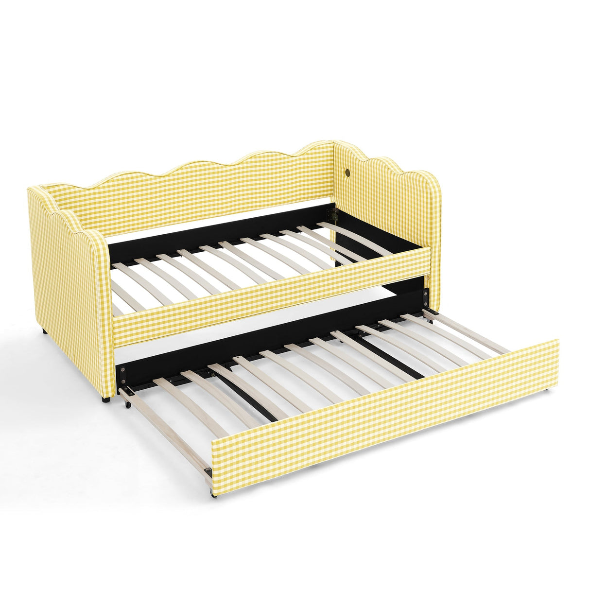 Cozy Gingham Daybed with Trundle Twin Size Sofa Bed No Box Spring Needed, with USB Port and Adorable Wave Shaped, Linen Fabric
