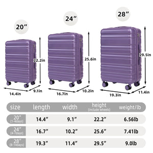 HIFINE Tourist 3-Piece ABS Spinner Wheel Luggage Set (Purple)