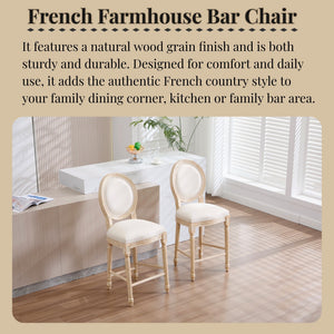 French Country 26'' Height Bar Chairs with Beige Linen Upholstery - Set of 2