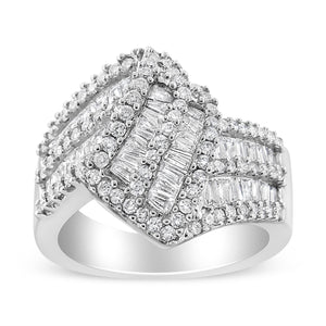 14K White Gold 1-1/2 Cttw Round and Baguette Diamond Bypass Cocktail Ring Band (H-I Color, SI1-SI2 Clarity) - Size 7