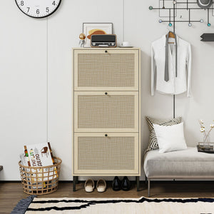 Modern Rattan 3 Door Shoe Rack Cabinet For Entryway