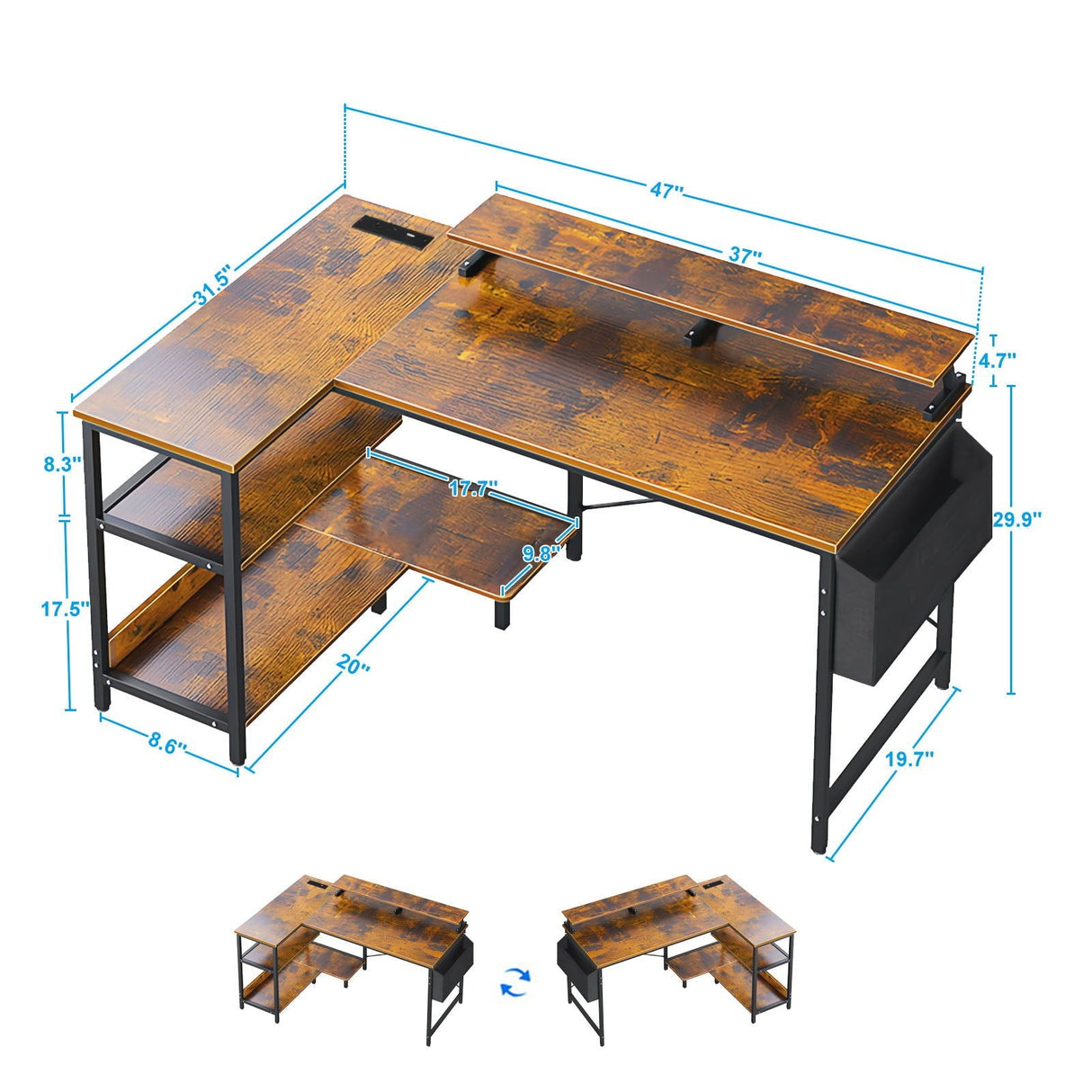 L-Shaped Gaming Desk With Power Outlets, Monitor Stand & Storage Shelves, Reversible Corner Workstation - Black / Brown