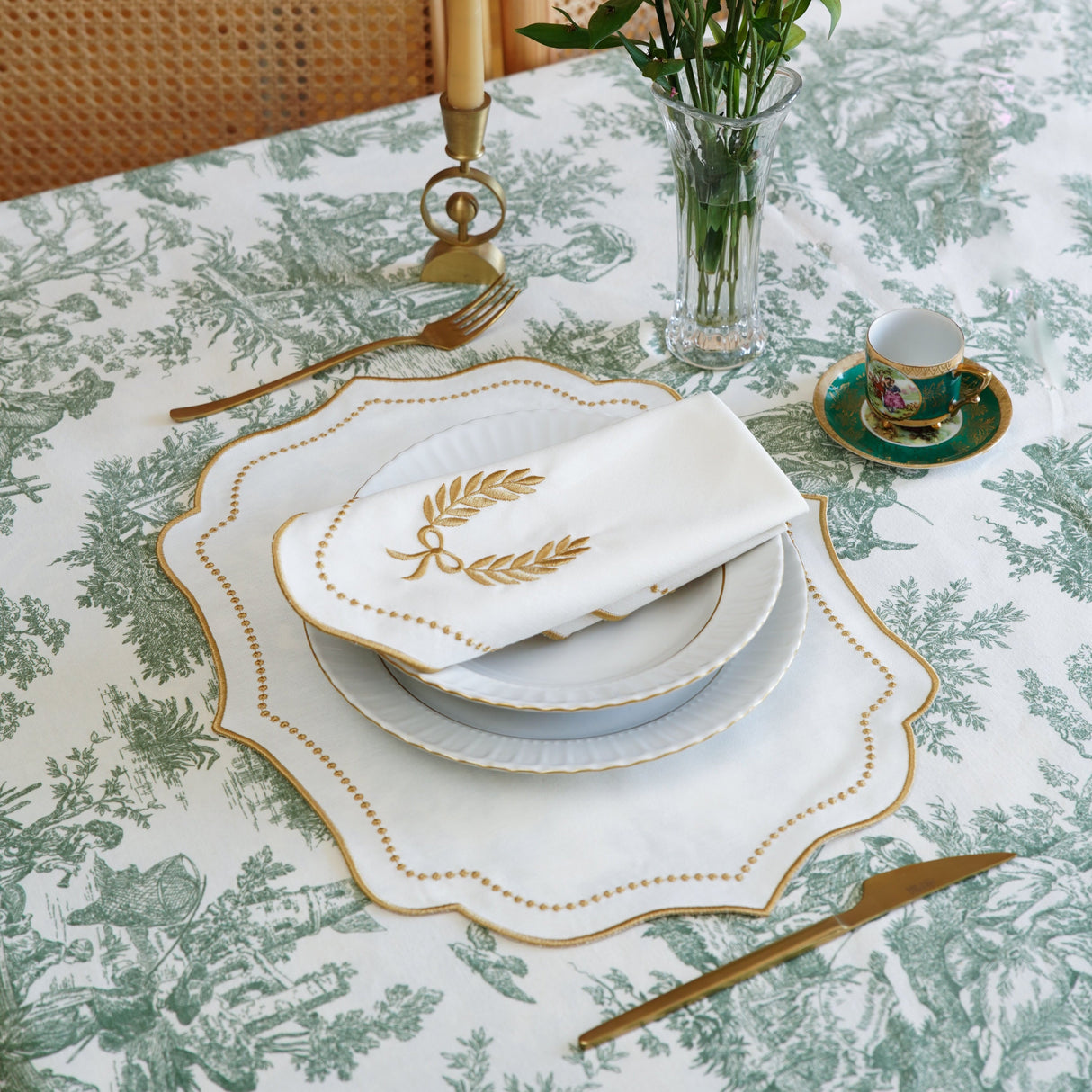 LUNA IVORY GOLD TRIM FABRIC PLACEMAT NAPKIN SET