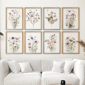 Watercolor Wildflower Gallery Wall. 8 Piece Botanical Print Set for Living Room
