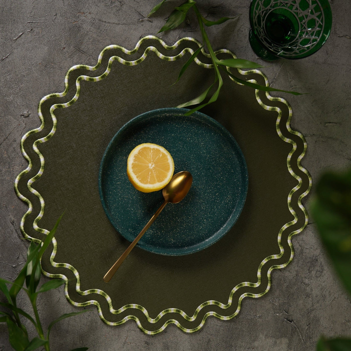 Elysian Dark Green Round Faux Leather Placemat
