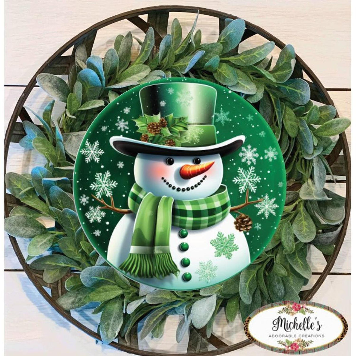Emerald Green Snowman Round Sign - Wreath Enhancement