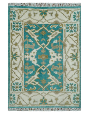 Entryway 2x3 Blue and Ivory Hand Knotted Oriental Oushak  Wool Area Rug