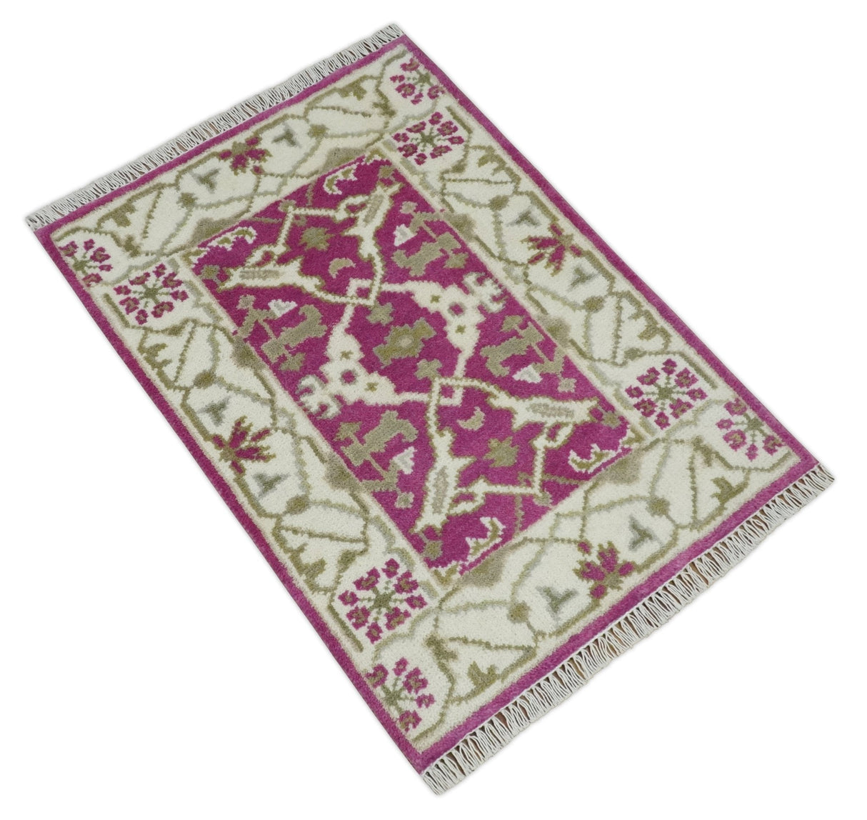 Entryway 2x3 Pink and Ivory Hand Knotted Oriental Oushak  Wool Area Rug