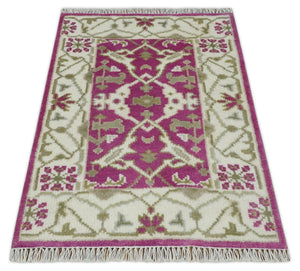 Entryway 2x3 Pink and Ivory Hand Knotted Oriental Oushak  Wool Area Rug