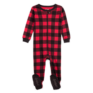 Kids Footed Cotton Pajama Black And  Red Plaid -