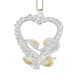 Spunglass Ornament - Gold Heart With Swans