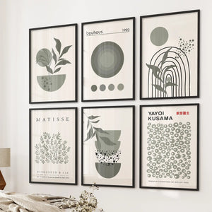Sage Green Gallery Wall. Set of 6 Abstract Posters Inspired by Matisse, Kusama and Bauhaus
