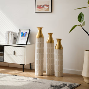 Floor Metal Vases Set of 3 - White with Gold Accents