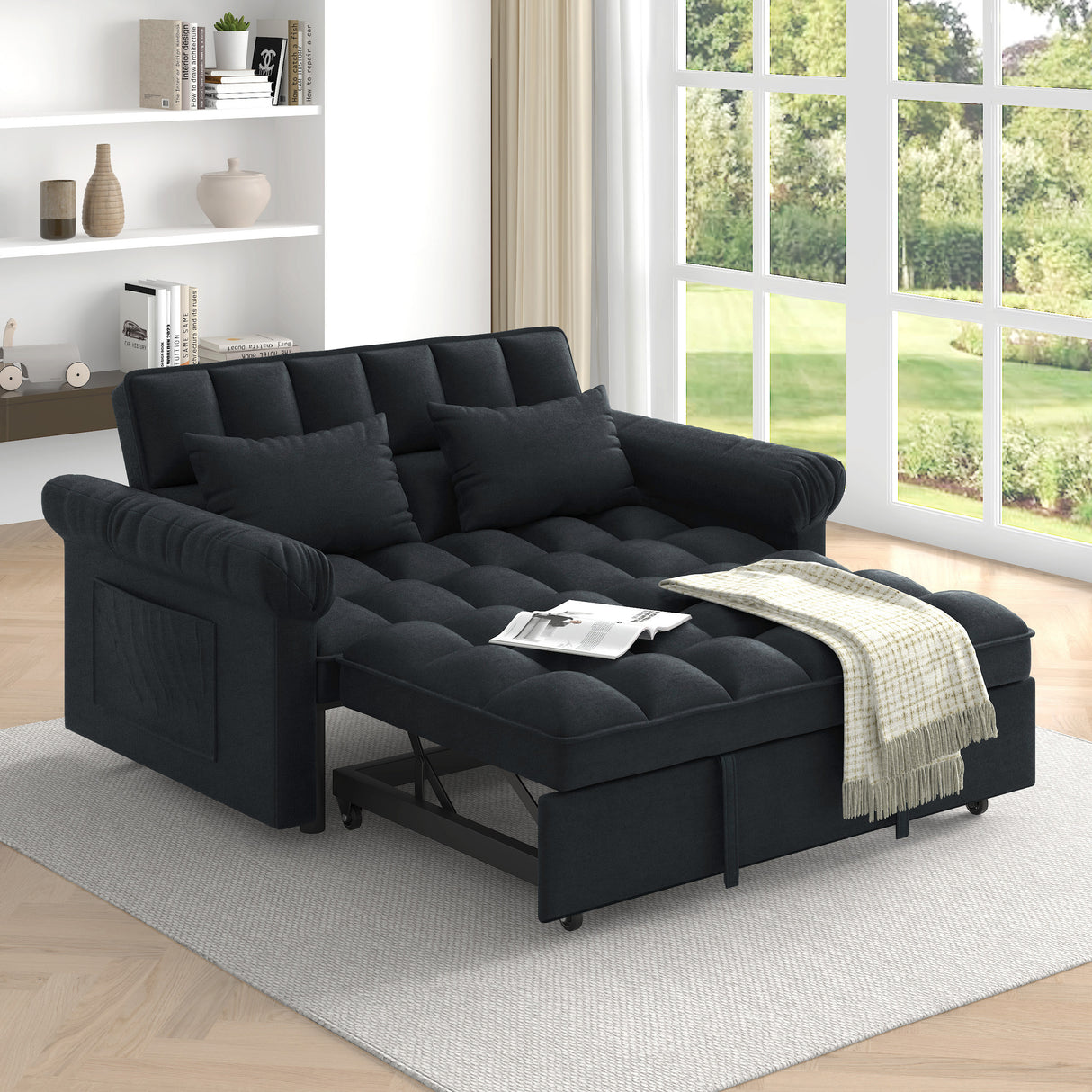 Loveseats-Sofa-Bed-with-Pull-out-Bed,Adjsutable-Back-Black-Sofas-&-Sectionals