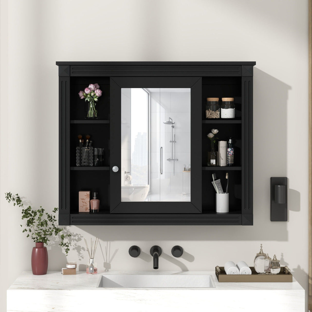Wall-Mounted Bathroom Storage Cabinet With Mirror, 6 Open Shelves - Black