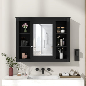 Wall-Mounted Bathroom Storage Cabinet with Mirror and 6 Open Shelves - Black