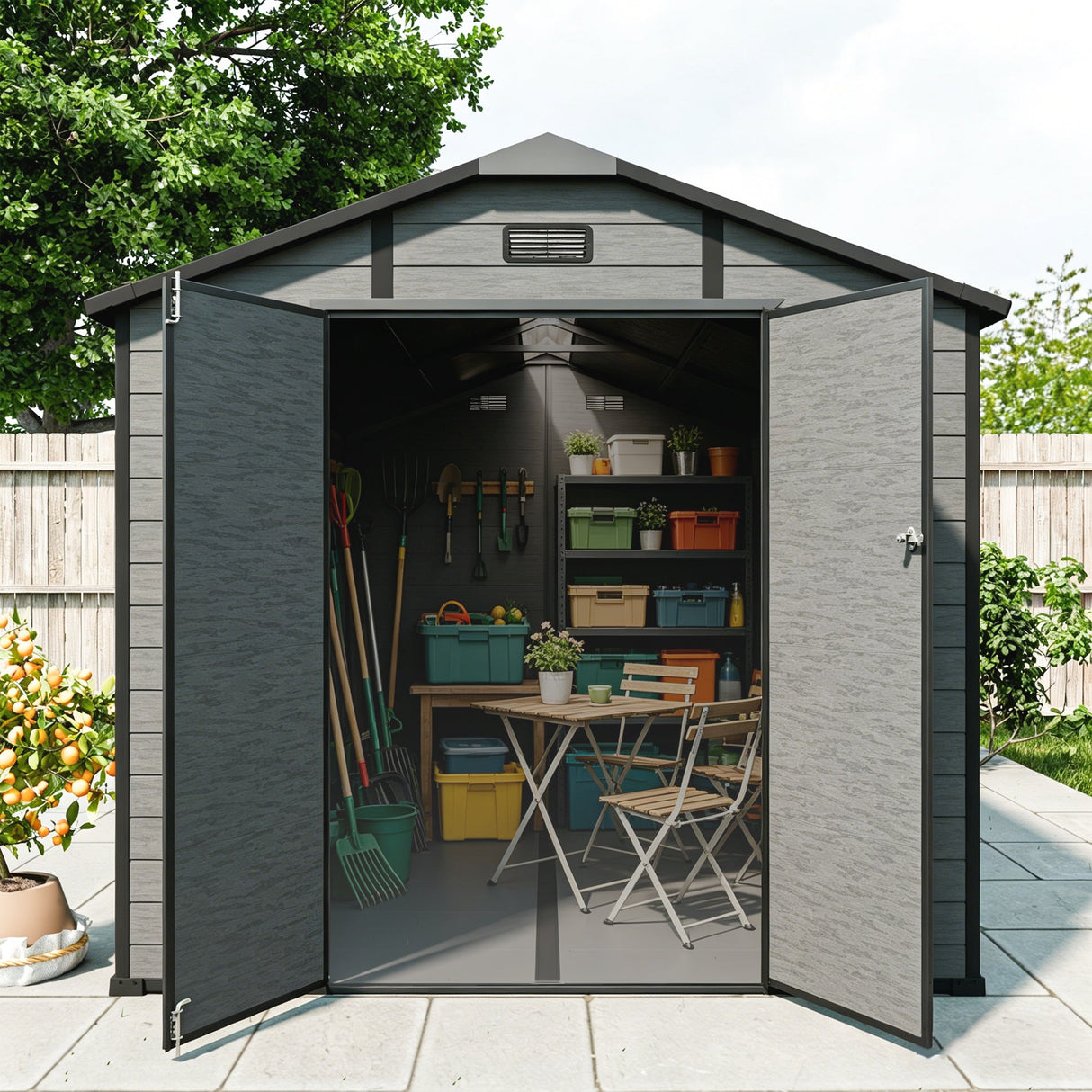 8x14 FT Plastic Outdoor Storage Shed - Lockable Resin Tool Shed with 2 Window & 3 Air vents