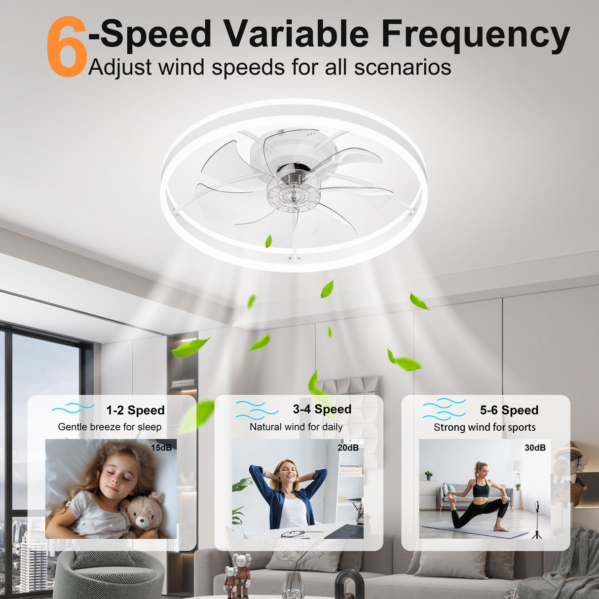 23.6 Inch Ceiling Fan with Light, Quiet DC Motor, Dimmable 3-Color LED