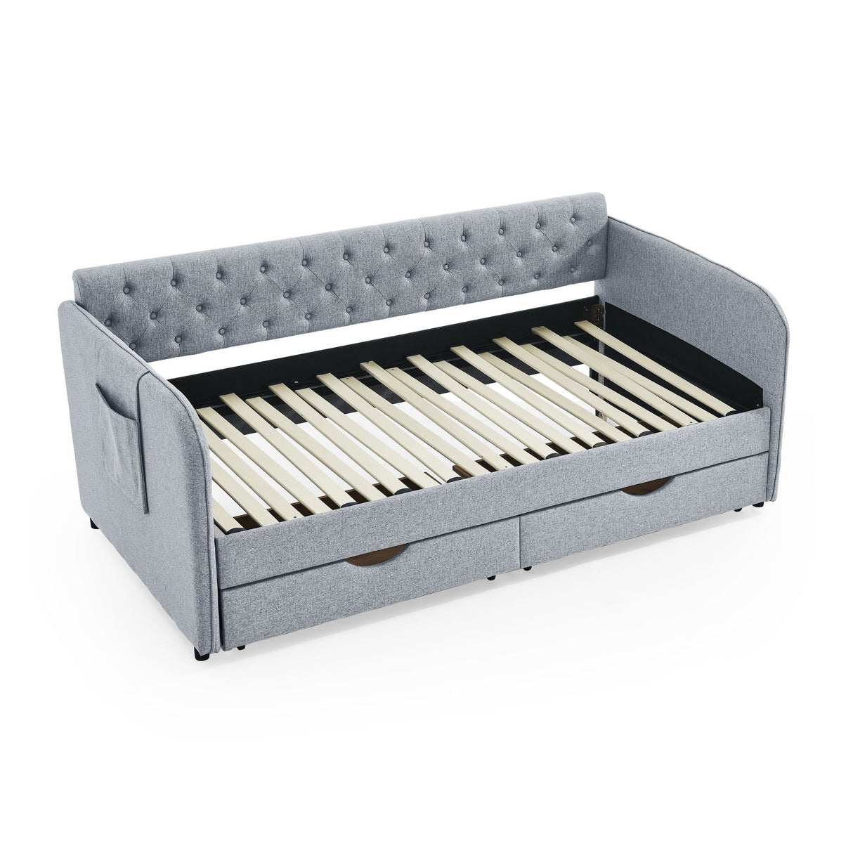 Daybed With Trundle And Storage Drawers, Flat Arms With Pocket