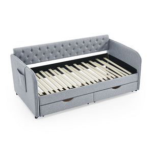 Daybed With Trundle And Storage Drawers, Flat Arms With Pocket