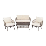 4-Piece Outdoor Patio Furniture Set, Metal Chairs with Woven Rope U-Shaped Backrest,Outdoor Conversation Set with Thick Cushions and Coffee Table for Garden, Poolside, Balcony, Brown & Beige