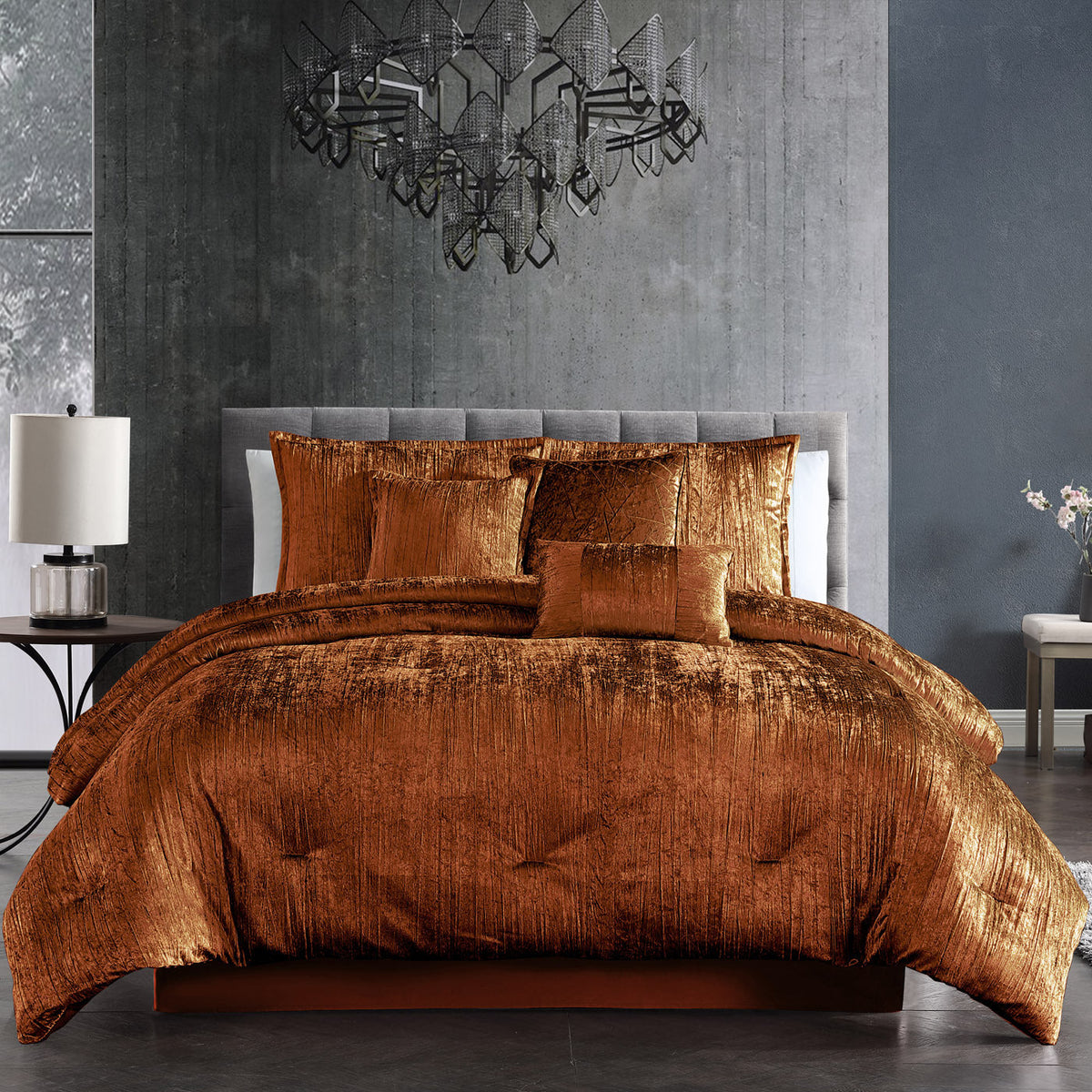 Spice Crinkle Velvet Comforter Set with Coordinating Pillows - 7 Piece