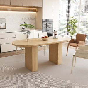 Oval Dining Table For 6 People With Wood Strip Base - Burly Wood