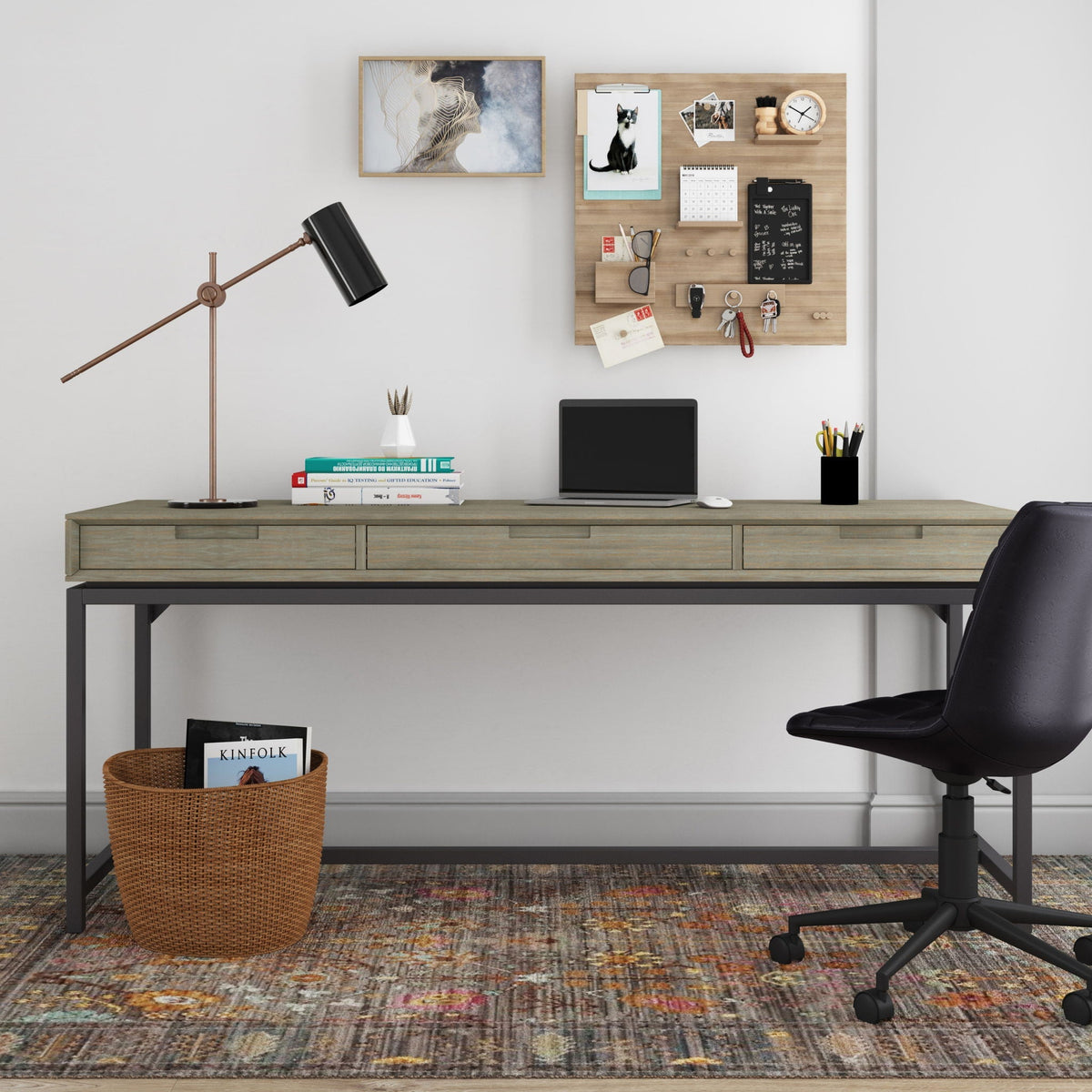 Mid Century Wide Writing Desk with Three Drawers - Multiple Colors