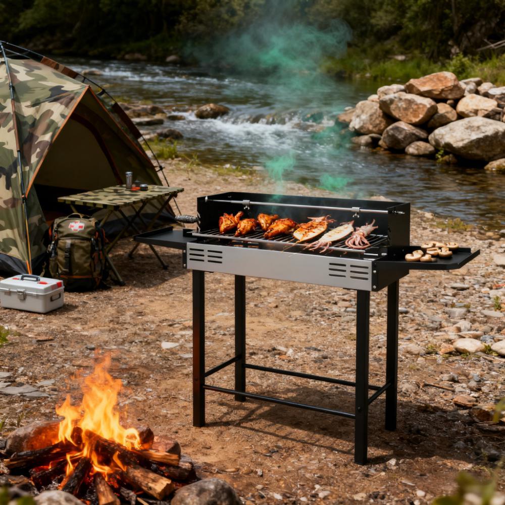 3-Level Grill Grate and BBQ Rotisserie with Storage Shelves