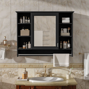 Modern Wall Mounted Mirror Cabinet with Adjustable Shelf and Towel Bar