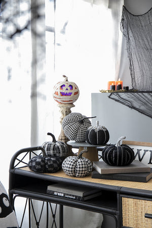 Plaid Fabric Pumpkin 7'' Black & White Halloween Decoration Accent
