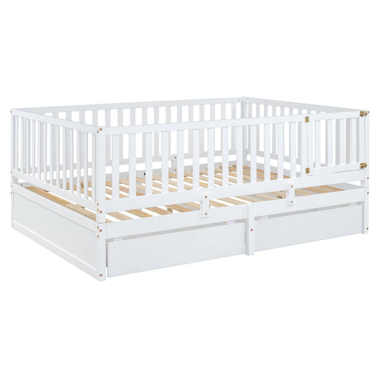 Daybed With Fence Guardrails And 2 Drawers, Split Into Independent Floor Bed & Daybed