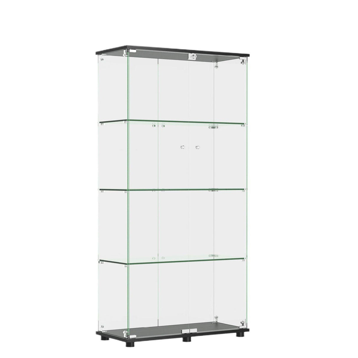 Modern Glass Display Cabinet With 4 Shelf Double Doors And Lock, Tempered Glass Bookshelf For Living Room - Black