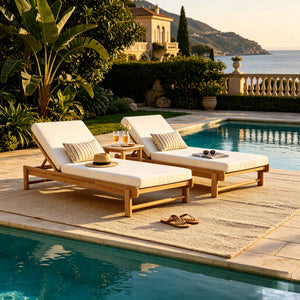 Light Teak Acacia Wood Chaise Lounge Set: 1 Frame + 1 Cushion