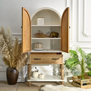 Arched Flower Carved Door Accent Sideboard Cabinet With 1 Drawer And Shelf, Cabinet For Kitchen - Natural / White
