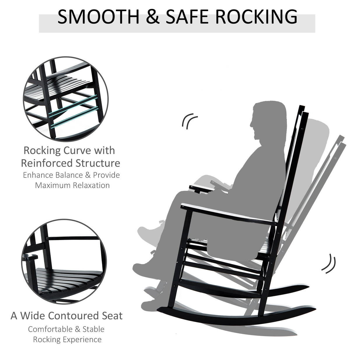 Outsunny outdoor rocking chair, patio wooden rocking chair with smooth armrests, high back for garden, balcony, porch, supports up to 352 lbs., black