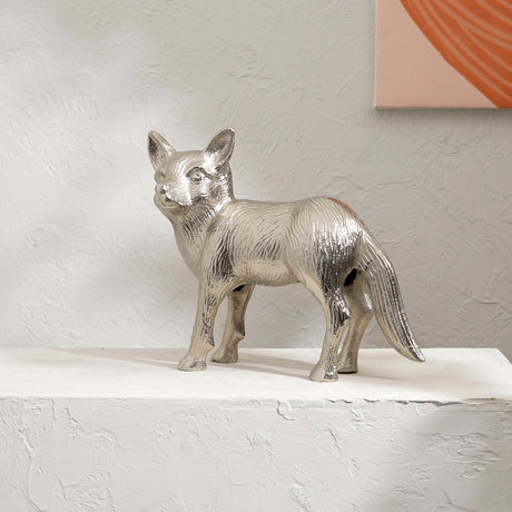 Wild-Fox-Aluminum-Nickel-Finished-Animal-Sculpture-–-14x5.5x11.5'--Elegant-Table-Décor-Accent-Piece-