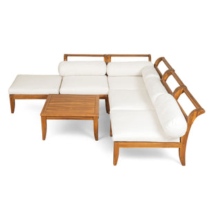 6 Piece Patio Sofa Set, Acacia Wood Outdoor Modular Sectional Garden Furniture Set L Shaped Conversation Set, Convertible Daybed With Tea Table, Ottoman, 5 Cushions And Pillows - Teak / Beige