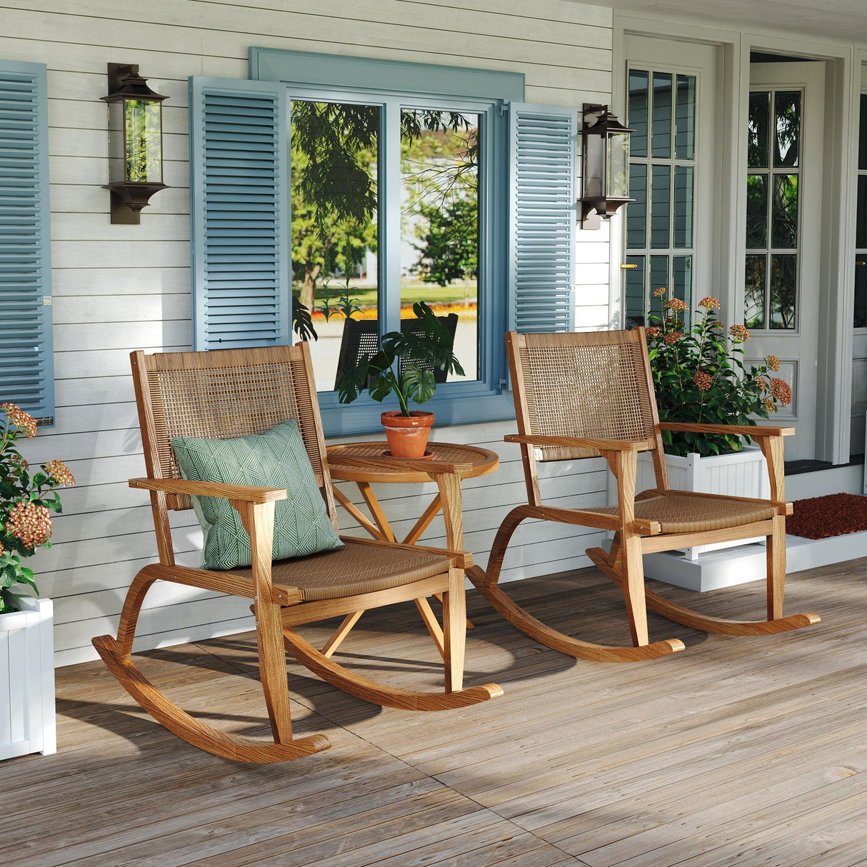 GO 2 Pieces Patio Rocking Chair Set, Acacia Wood Outdoor Rockers with Wicker Rattan Seat & Backrest, Comfortable Garden Porch Chairs for Backyard, Balcony, and Poolside, Natural
