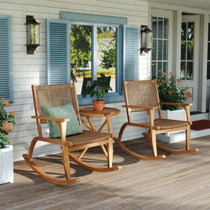 GO 2 Pieces Patio Rocking Chair Set, Acacia Wood Outdoor Rockers with Wicker Rattan Seat & Backrest, Comfortable Garden Porch Chairs for Backyard, Balcony, and Poolside, Natural